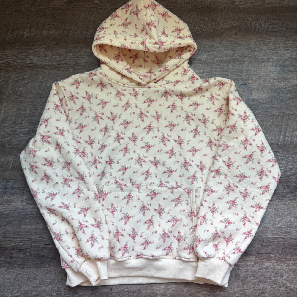 Peach Love California Floral Hoodie Medium Cream Pink Rose‎ Fleece Cottagecore